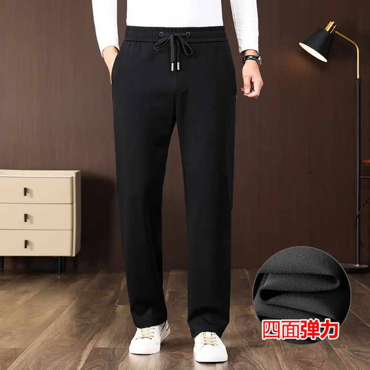 加绒加厚运动男裤宽松高腰锦纶休闲裤系腰带中老年一体羊羔绒冬裤