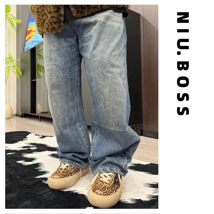 Three Ten. N大码250斤“满天星”重工满钻水洗做旧牛仔裤