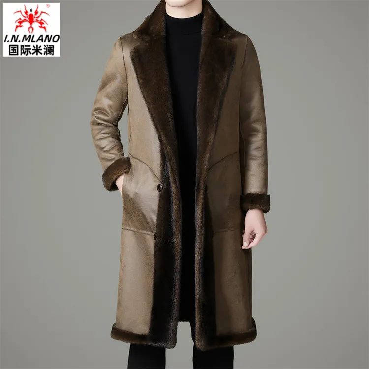 皮毛一体两面穿长款过膝皮风衣男士外套高档毛呢中年貂绒保暖大衣