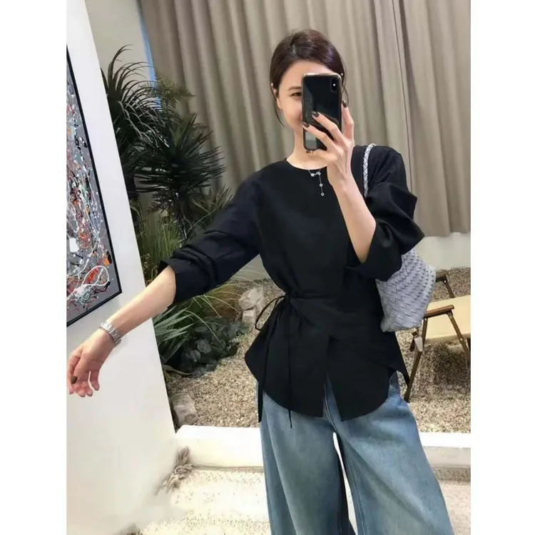 韩版收腰系带长袖圆领衬衫收腰衬衣女款2025新款爆款休闲别致上衣