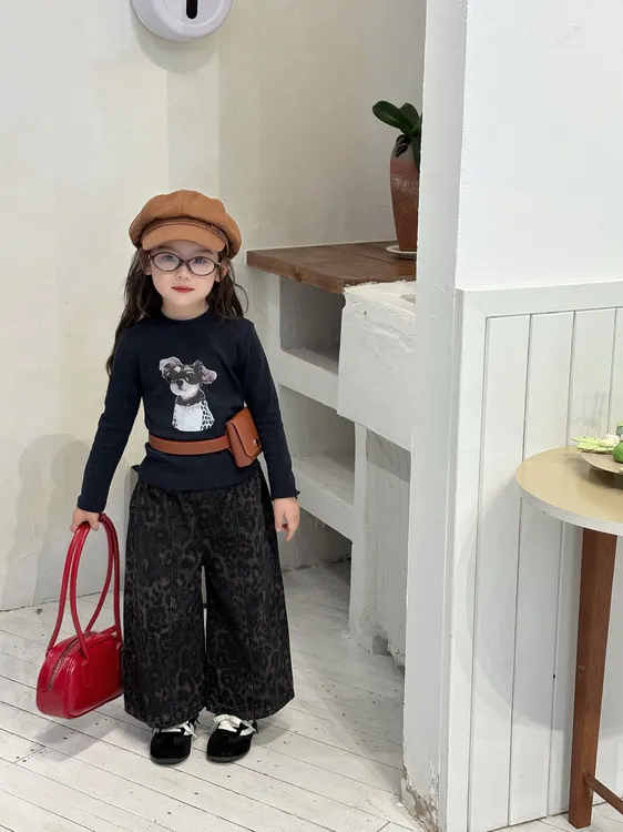女童2025秋季新款印花长袖豹纹裤韩版卡通风套装