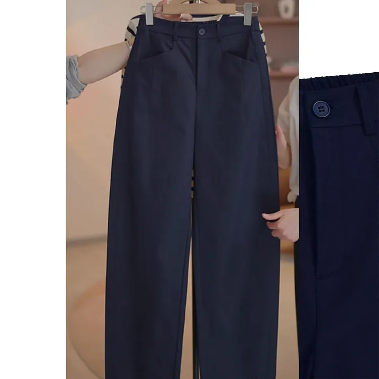 藏青色弯刀休闲裤女2025秋季爆款大码梨形身材宽松显瘦镰刀阔腿裤