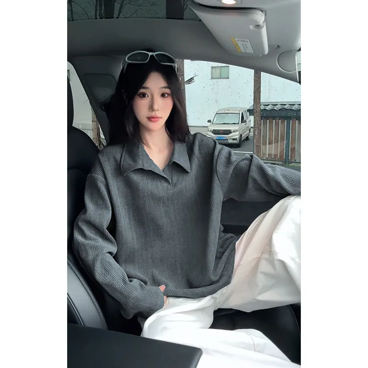 深灰色麦穗纹v领卫衣男设计感小众美式长袖t恤重磅正肩polo衫外套