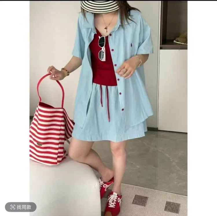微胖大码夏季撞色宽松短袖衬衫+短裙+吊带休闲三件套