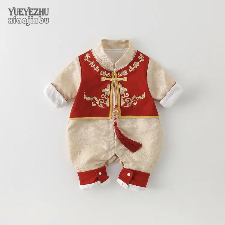 百天婴儿衣服秋装宝宝中国风连体衣秋季喜庆满月周岁礼服假两件潮