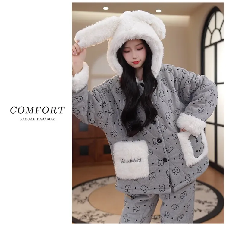 【超厚专柜正版】冬季女款睡衣加厚家居服套装三层夹棉外穿保暖棉袄