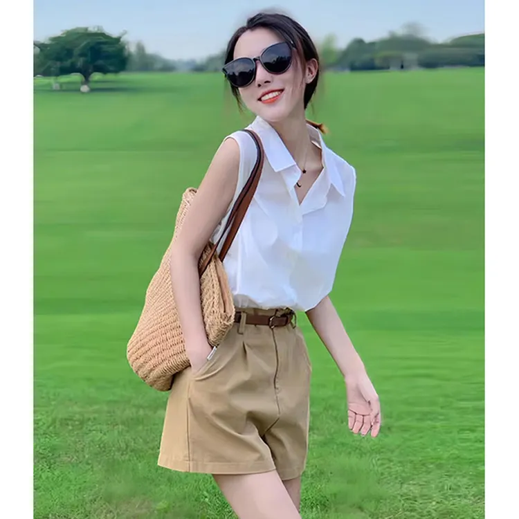 舒适设计感套装女士2025夏季新款无袖衬衫搭配高腰阔腿短裤两件套