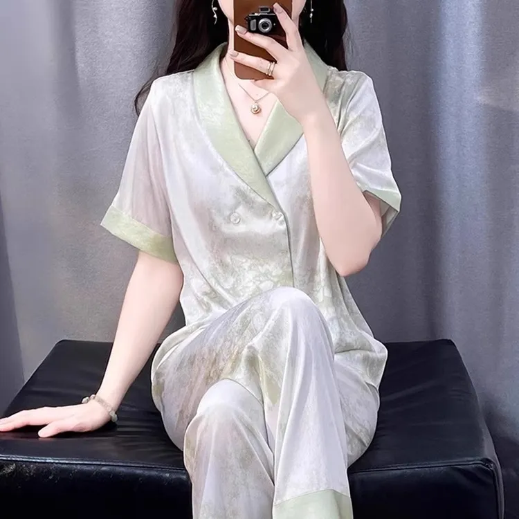 tpvl2025新款水光绸睡衣女夏季短袖长裤家居服套装高级感薄款外穿