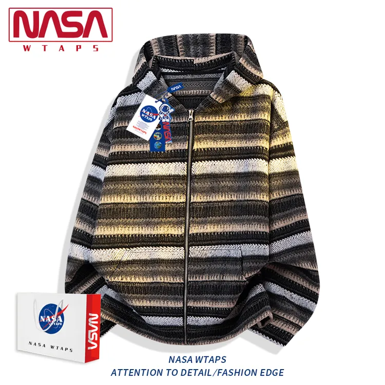 NASA WTAPS美式复古条纹毛呢连帽卫衣男款秋季撞色拼接设计感卫衣