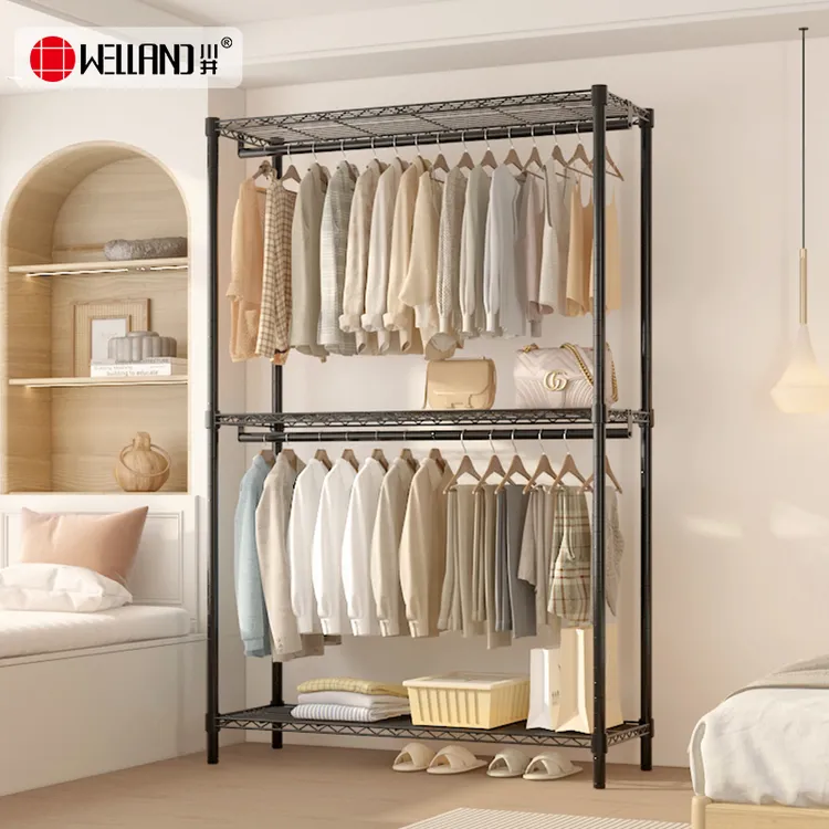 衣帽架落地挂衣架柜式双层衣帽间宿舍开放式大容量金属铁艺储物架