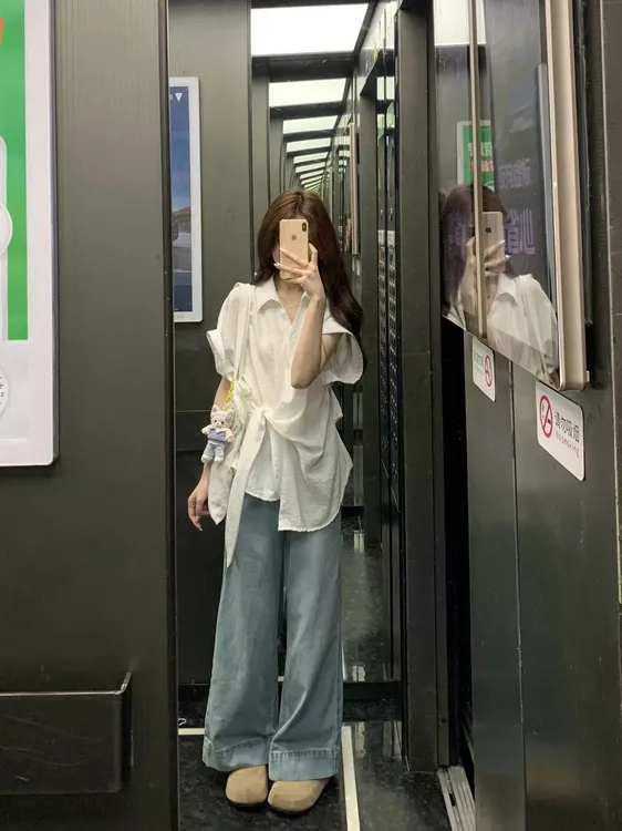 2025夏季新款韩系简约系带衬衫设计感百搭休闲短袖上衣百搭牛仔裤