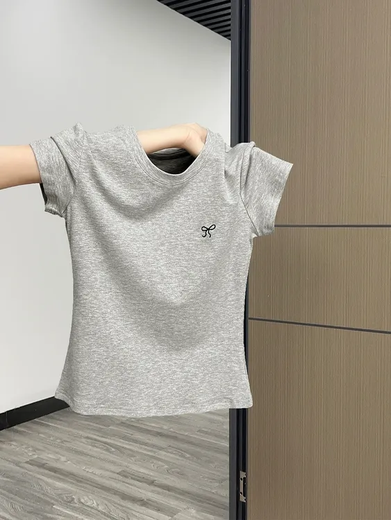 灰色圆领正肩短袖T恤女2025年夏季新款蝴蝶结半袖高级感修身上衣