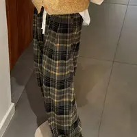 秋冬磨毛格子橘色阔腿休闲裤