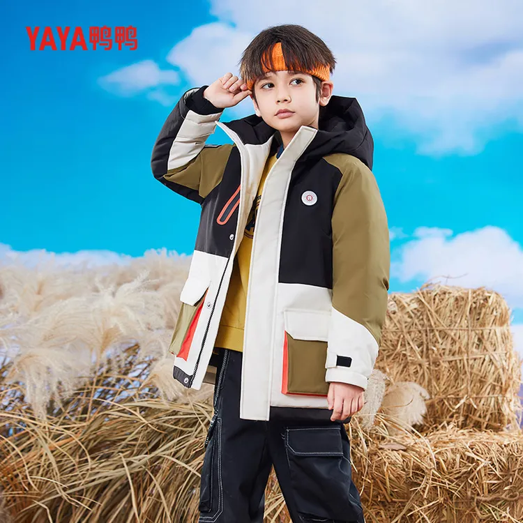 【拼接工装风】鸭鸭儿童派克羽绒服冬季新款男童连帽加厚保暖酷外套
