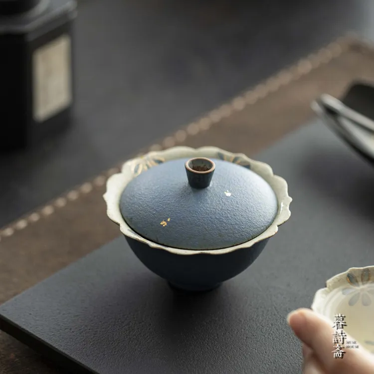 暮诗斋手绘小雏菊陶瓷蓝色二才盖碗泡茶碗茶杯单个高档女士盖碗