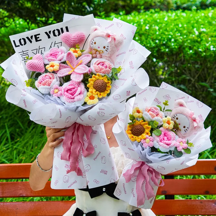 创意卡通手工钩织向日葵玫瑰花送礼节手工成品手工花束成品