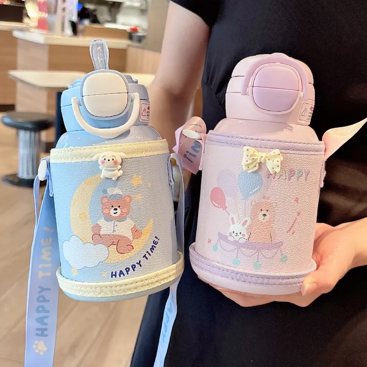 316儿童吸管保温杯高颜值可爱女生幼儿园防摔斜跨大容量双饮杯壶