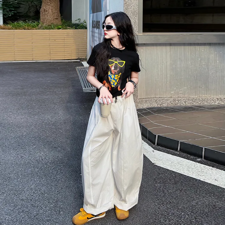 韩版女童套装夏装2025新款洋气女孩短袖T恤大童气球裤两件套12岁
