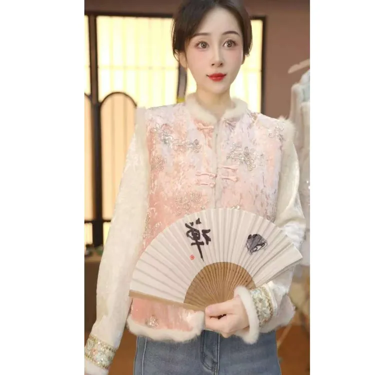 秋冬季水貂毛新款中国风复古锦绣马甲