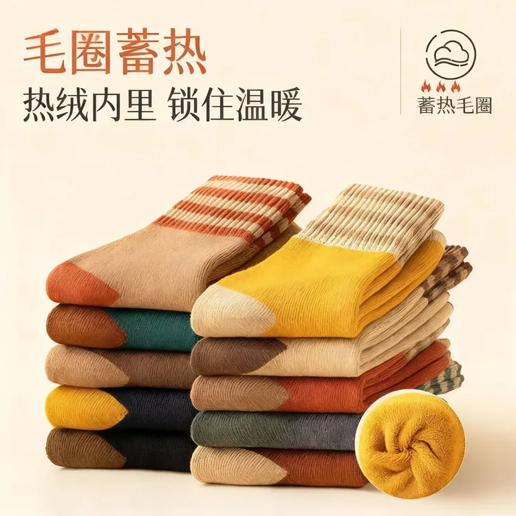 【10双】加绒袜子女毛巾袜条纹美拉德保暖长袜秋冬款中筒袜秋冬加厚