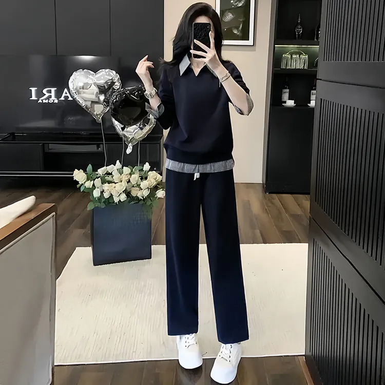 高含棉休闲拼接套装女2025年春秋新款翻领修身上衣阔腿裤两件套