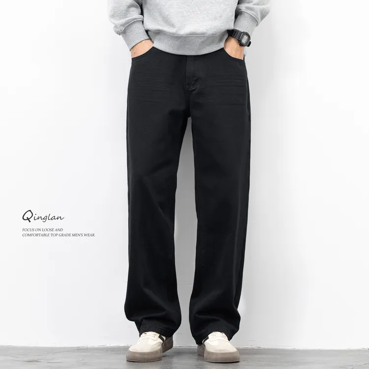 黑色牛仔裤男直筒宽松潮流休闲百搭加绒加厚压皱裤子冬季2025新款