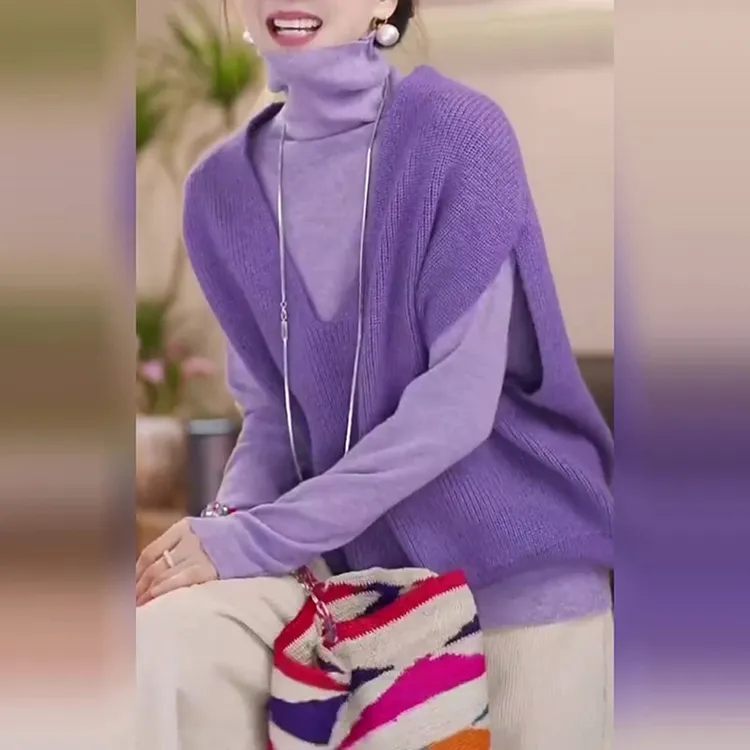 M398+M399通勤风百搭休闲针织衫马甲叠穿宽松显瘦紫色两件套