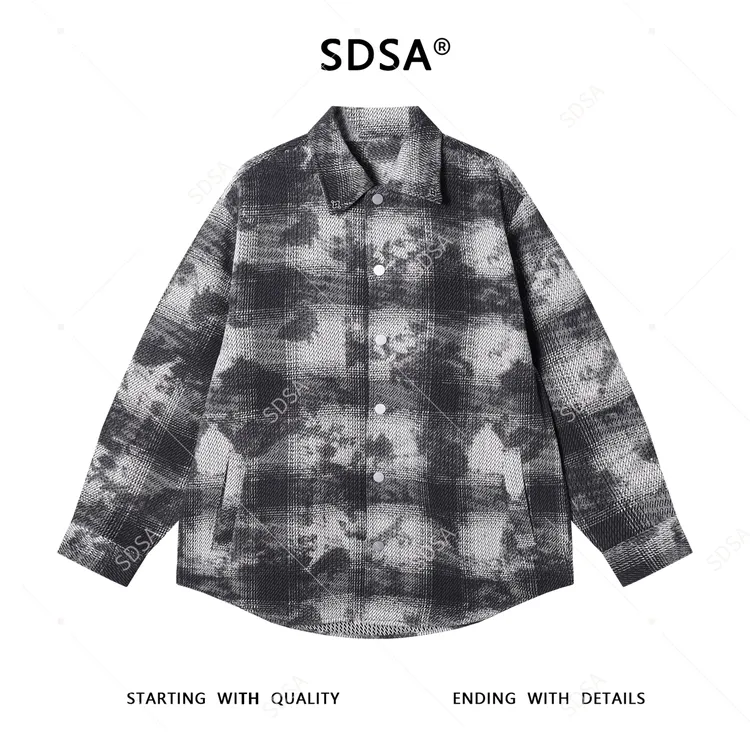 SDSA男士秋冬新款痞帅男装复古扎染格纹格子设计长袖衬衫纽扣衬衣