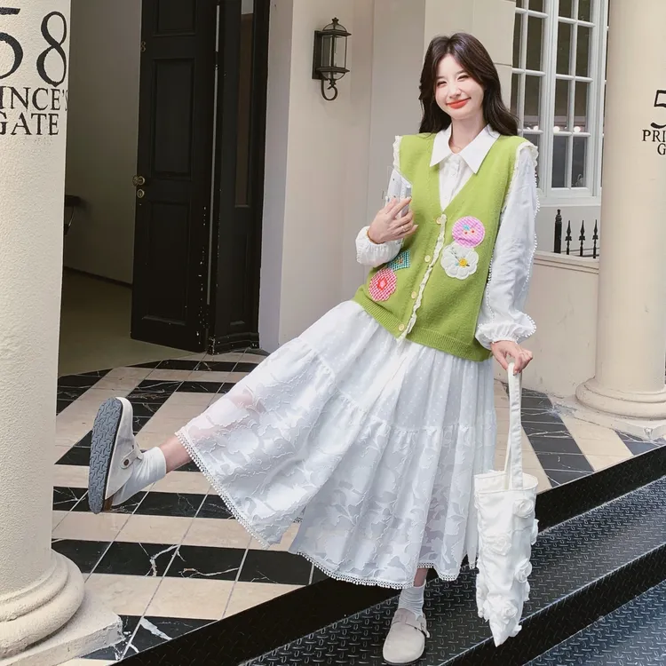 法式甜美绿色针织马甲连衣裙套装女2025秋季新款巨好看温柔风长裙