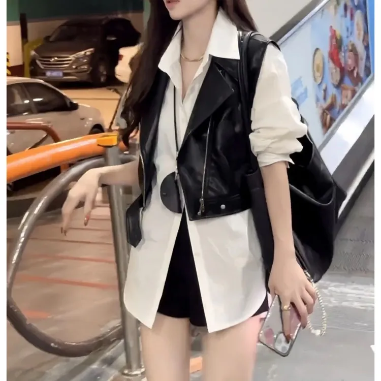 衬衫叠穿马甲黑色短款皮衣外套春秋2025春季新款马夹洋气上衣女装