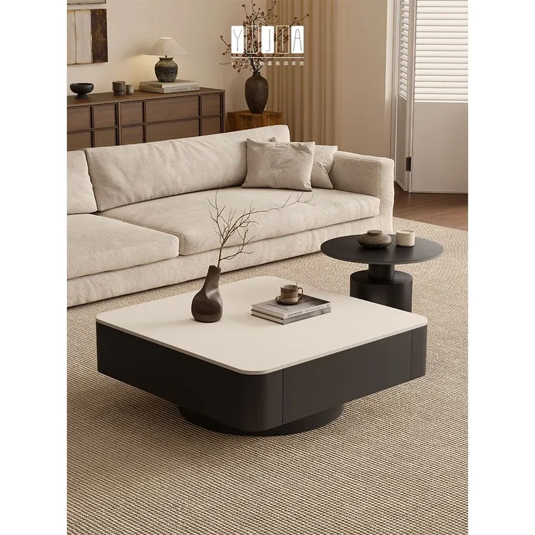 意式轻奢风岩板茶几小户型客厅家用现代简约高级感方形茶几组合