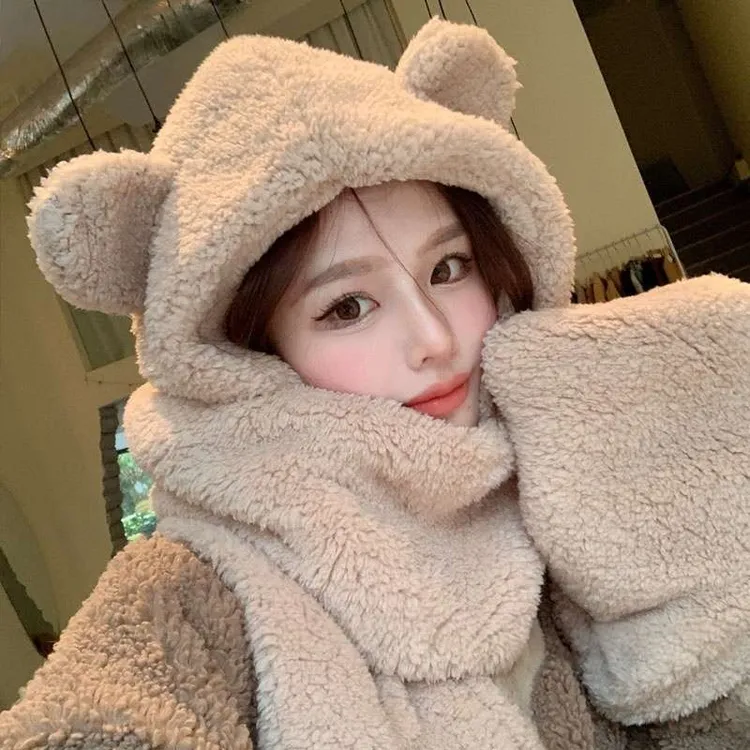 FAVMARTHA小熊帽子毛绒围巾女冬季可爱冬天手套三件套连帽一体护