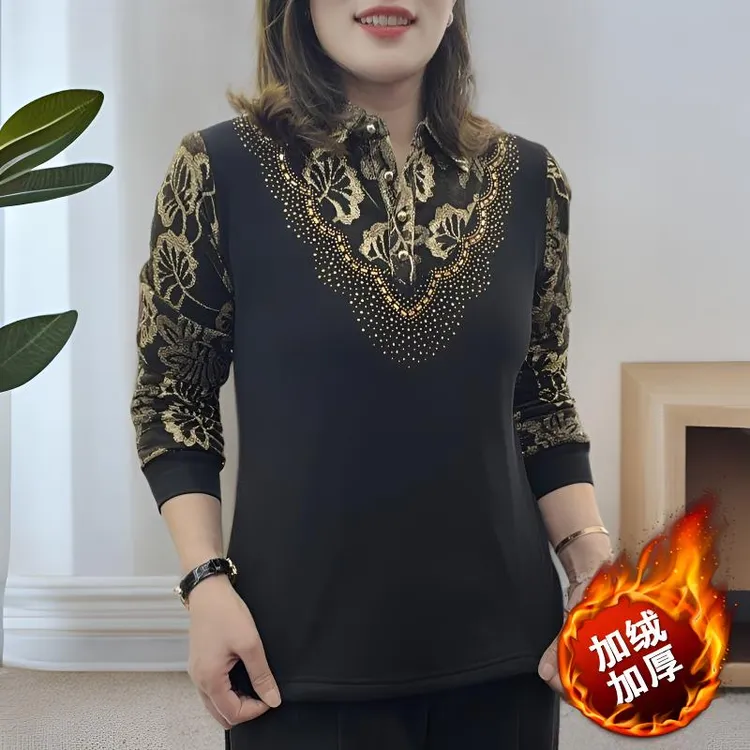 秋冬新款加绒加厚时尚妈妈装洋气碎花小衫显瘦减龄长袖女士上衣