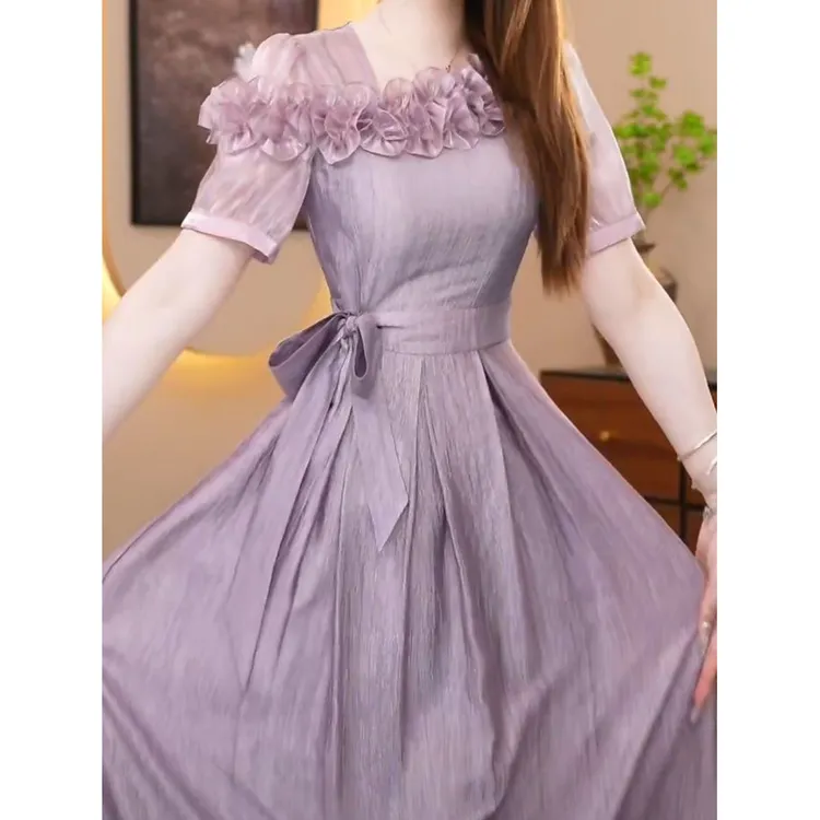 高级冰丝云锦丝法式气质优雅礼服裙2025夏季新款阔太太修身连衣裙