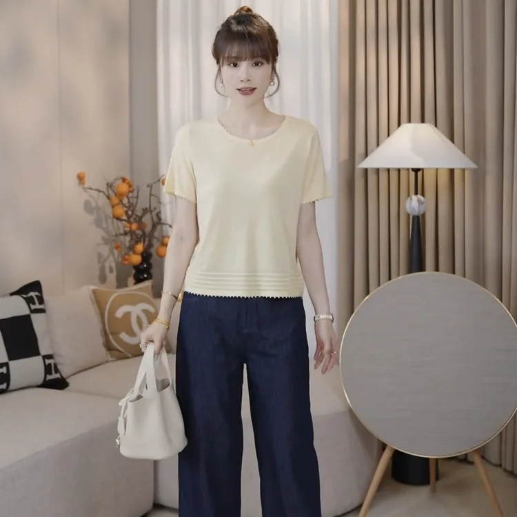 LMENY晴空织夏~莱塞尔桑蚕丝圆领下摆镂空显瘦花边针织衫25BM066