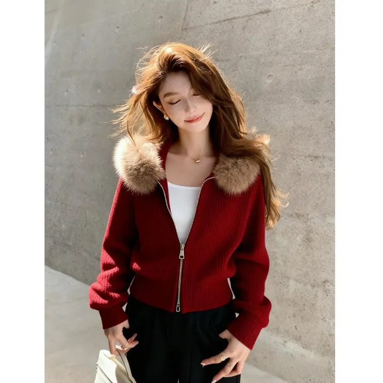 新年圣诞穿搭奶呼呼软糯慵懒风宽松毛领红色长袖针织衫毛衣女秋冬