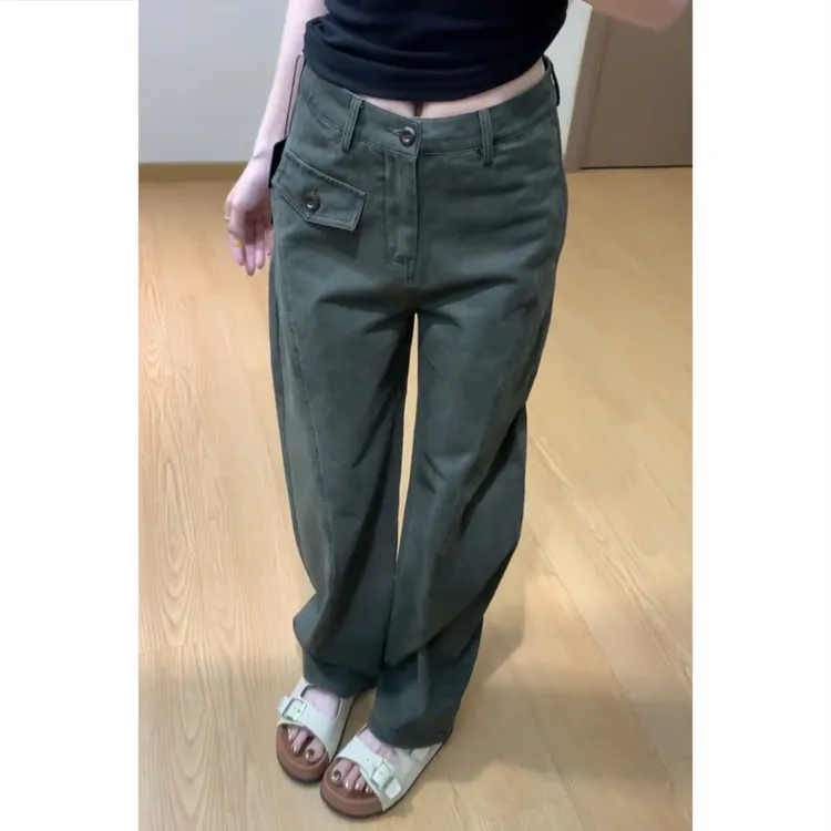 艾塔莉夏季薄款直筒工装裤女牛仔裤搭设计感显瘦修身阔腿裤筒裤女