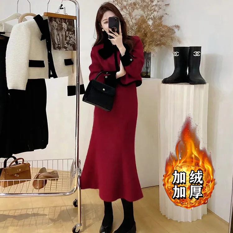 【加绒加厚】【两件套】法式红色小香风套装裙高级小洋装两件套64