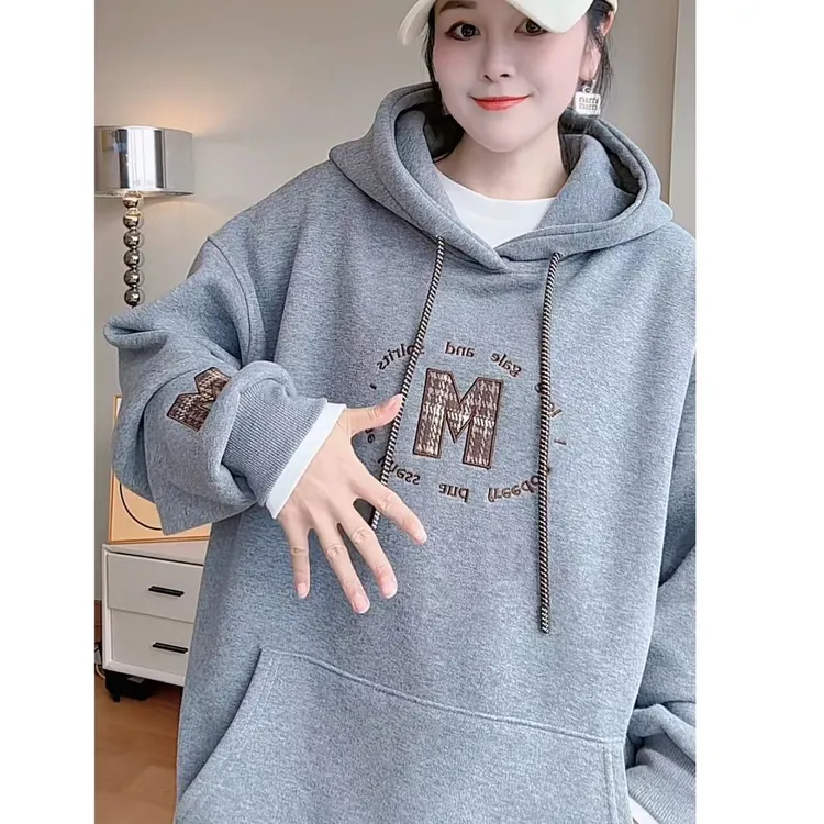 冬季新款连帽宽松套头刺绣字母加绒卫衣2025大版型慵懒风帽衫5055