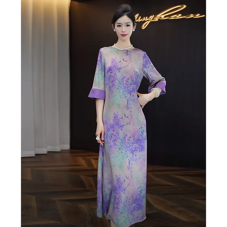 连衣裙女2025夏季新款女优雅高级感气质紫长裙出游洋气设计感裙子
