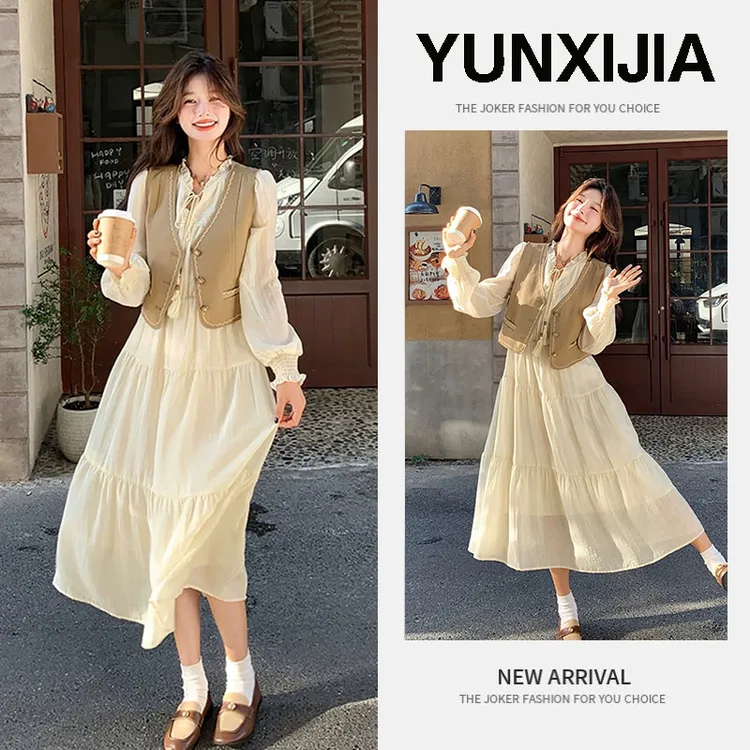 2025早春韩版小香风连衣裙女春季新款收腰设计感马甲长裙子两件套