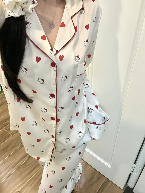 【桃心kitty猫】甜美长袖冰丝睡衣女春季薄款长裤家居服套装可外穿