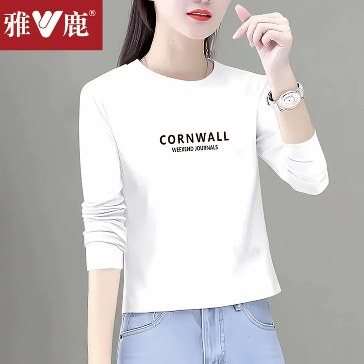 雅鹿长袖t恤男女同款时髦洋气纯棉T恤上衣春秋季打底衫休闲时尚