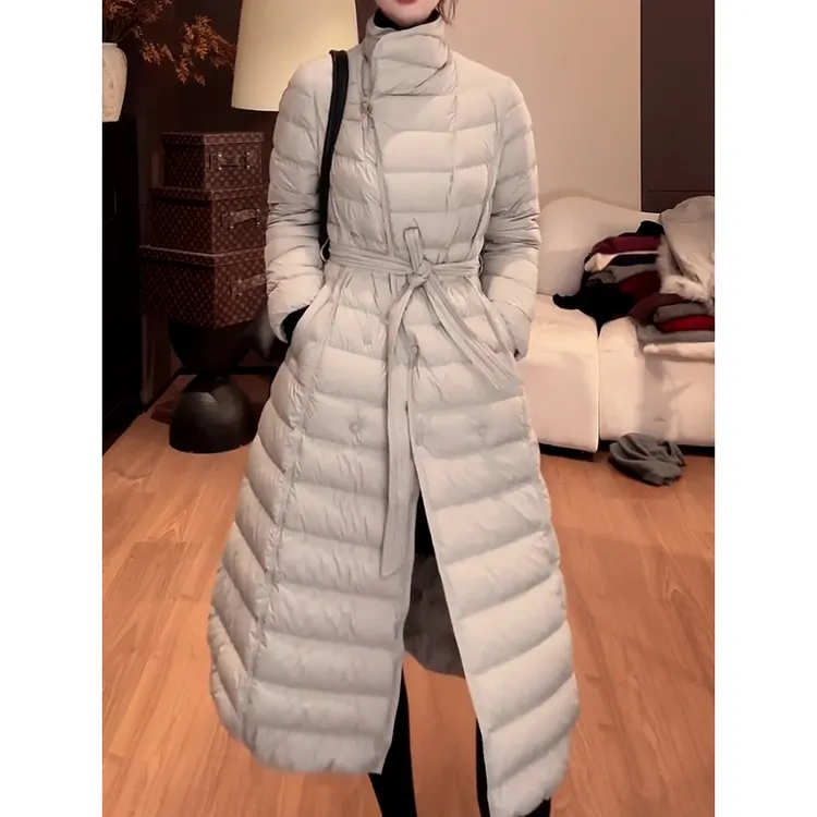 时尚减龄长款纯色保暖加厚羽绒服女2025冬季新款系带收腰开衫外套