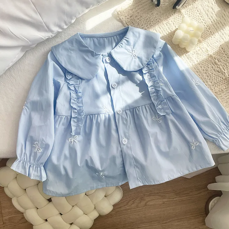 女童衬衣纯棉长袖娃娃衫女宝宝衬衫时尚韩版花边春季新款甜美法式