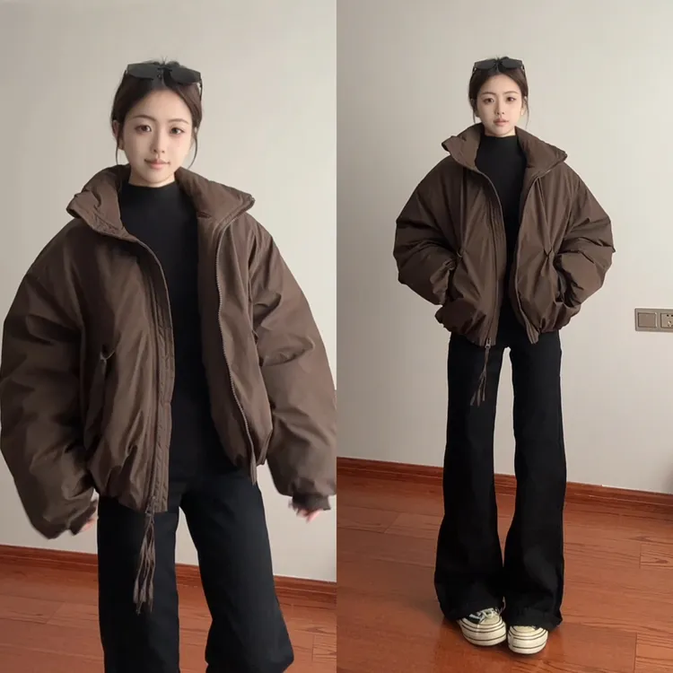 短宽立领棉服男冬季美式复古飞行夹克棉衣情侣加厚保暖泡芙服外套