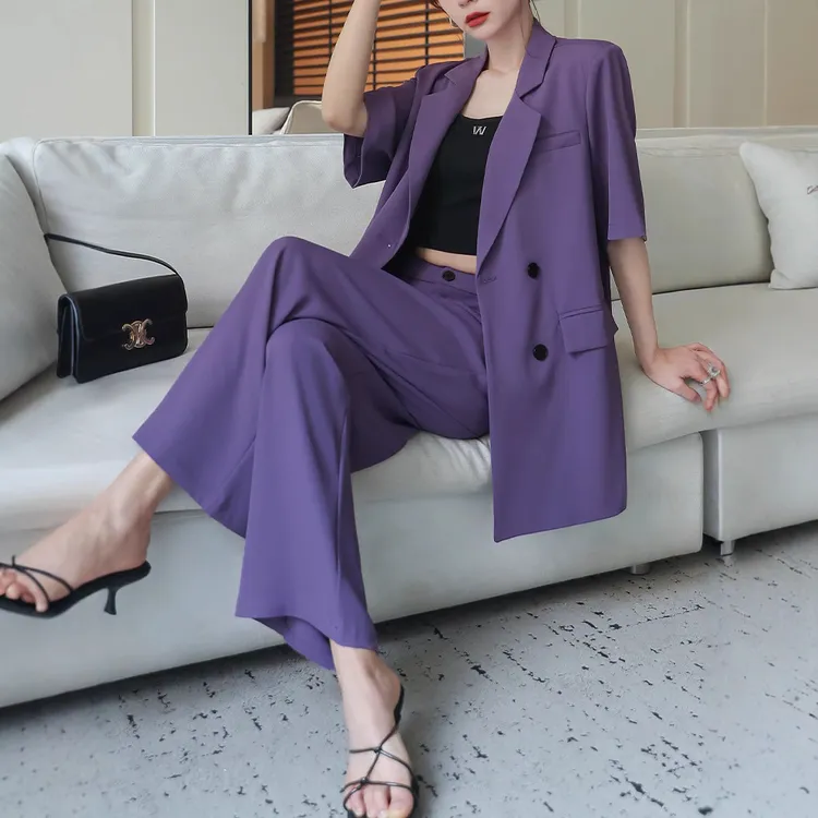 高级感大码薄款西装套装女2025夏季新款气质阔腿裤短袖洋气两件套