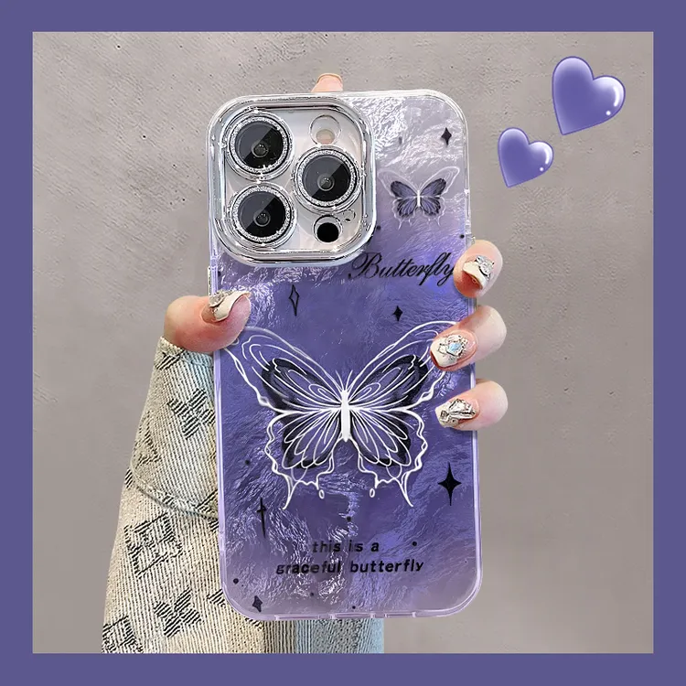 晕染蝴蝶适用苹果iPhone16华为vivo小米oppo精孔冰川纹手机壳