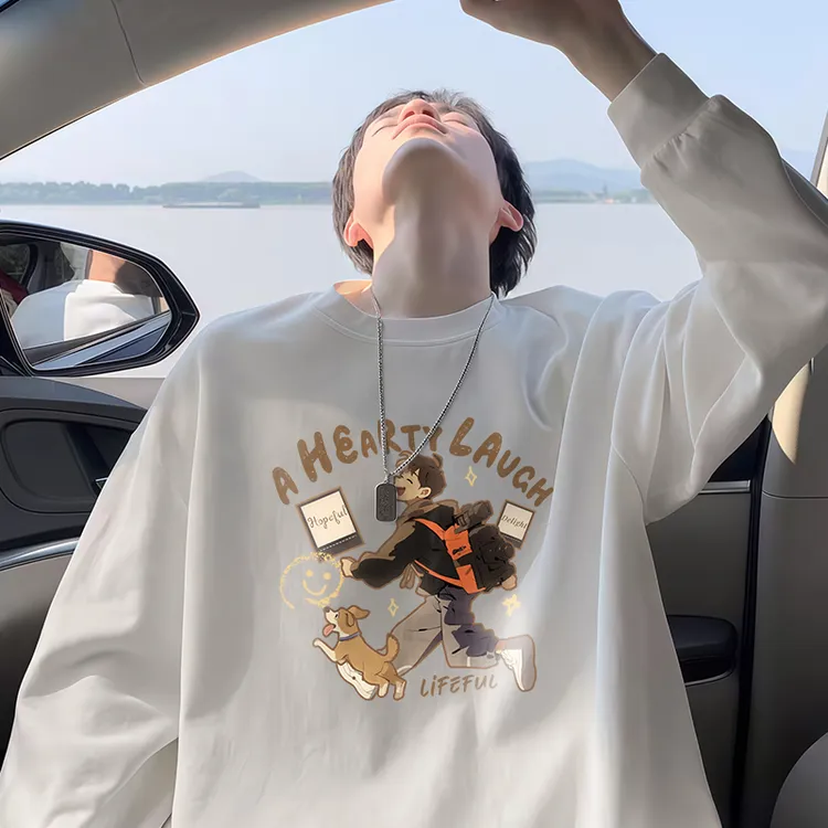 长袖T恤秋季新款宽松动漫卡通印花青少年长袖打底衫圆领美式潮流