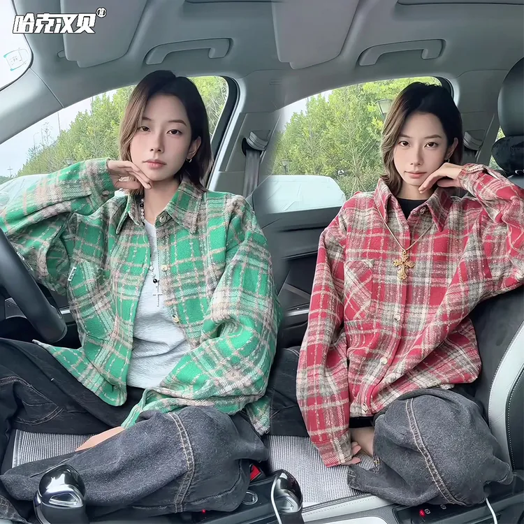 磨毛加厚衬衫外套男女款秋季宽松百搭格纹衬衣慵懒风毛呢叠穿上衣